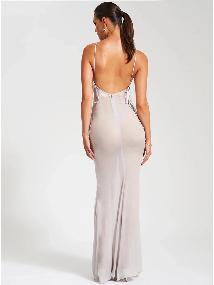 Chiffon Patchwork Satin See Through Slip Maxi Dress Rown