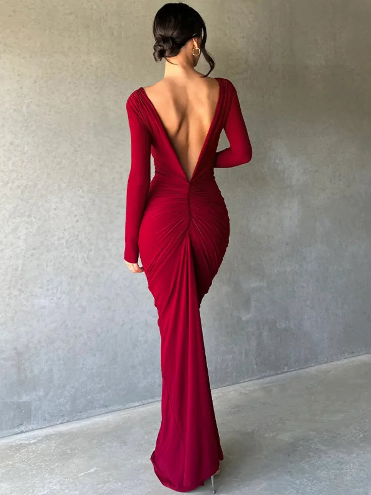 Deep V Neck Backless Bodycon Ruched Maxi Dress Rown