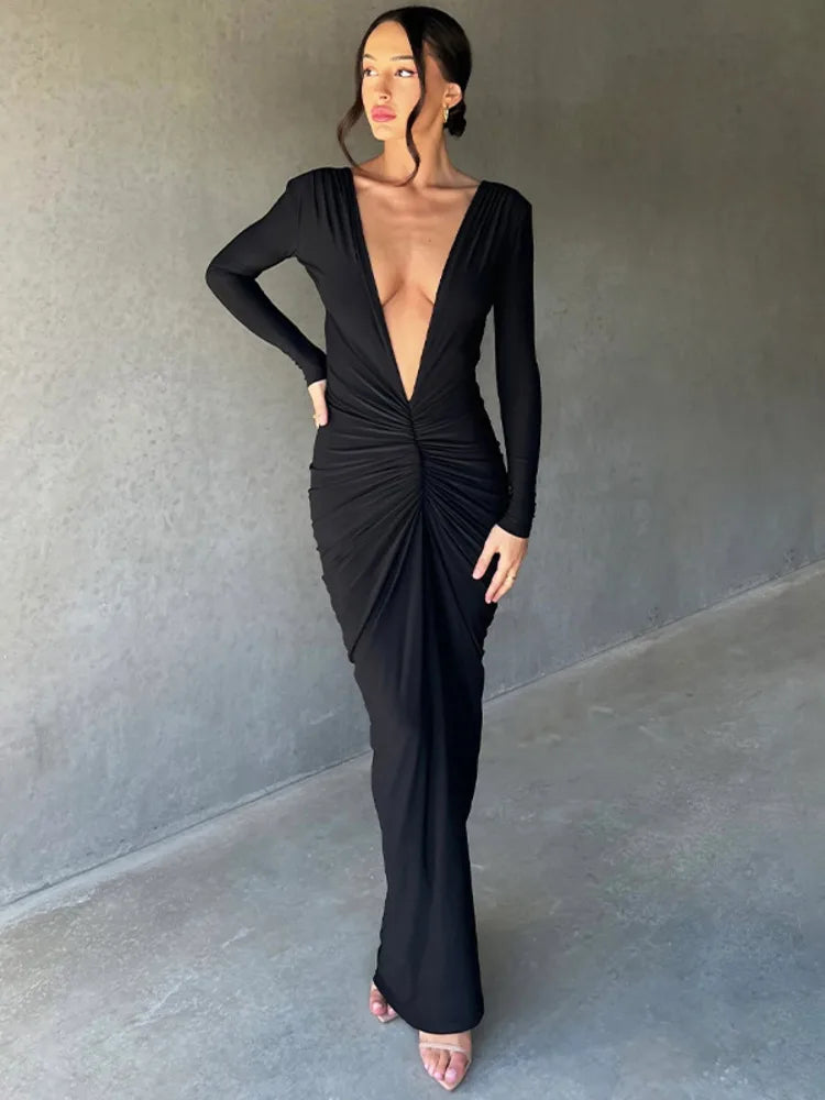 Deep V Neck Backless Bodycon Ruched Maxi Dress Rown