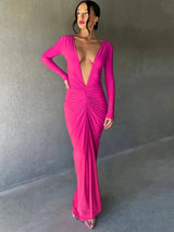 Deep V Neck Backless Bodycon Ruched Maxi Dress Rown