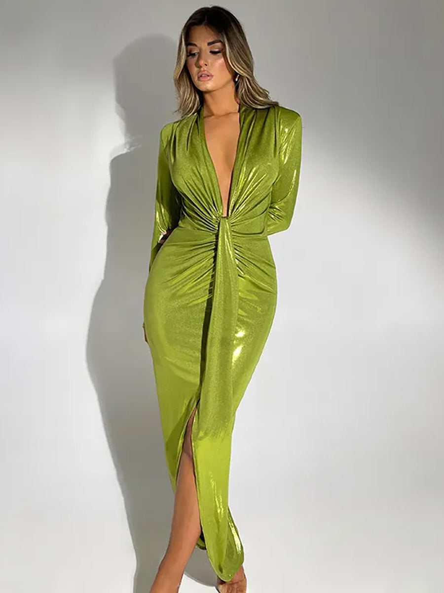 Deep V Neck PU Leather Shiny Bodycon Maxi Dress Rown