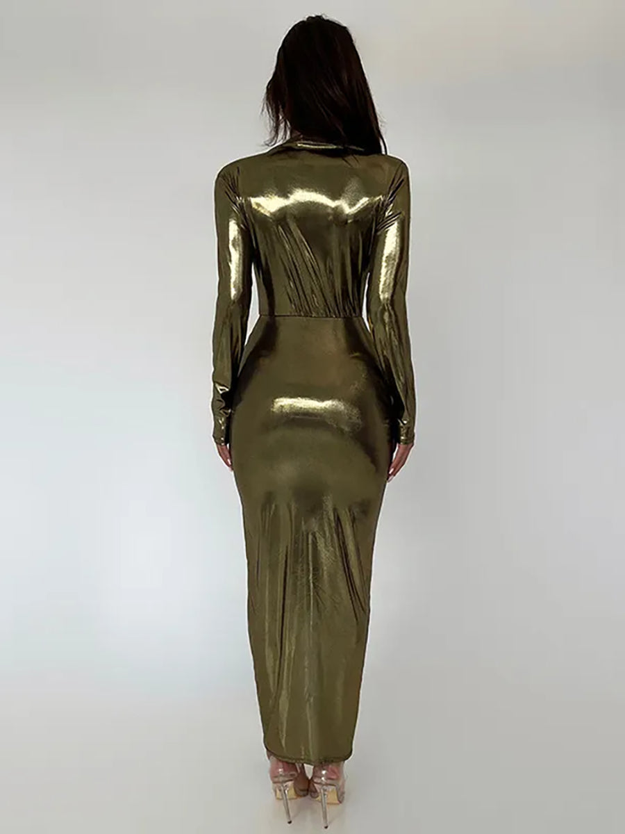 Deep V Neck PU Leather Shiny Bodycon Maxi Dress Rown