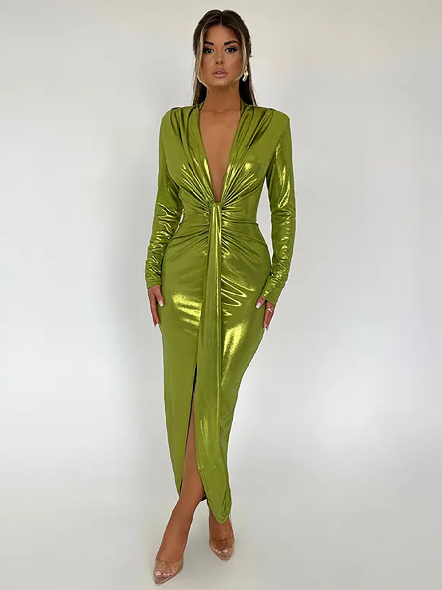 Deep V Neck PU Leather Shiny Bodycon Maxi Dress Rown