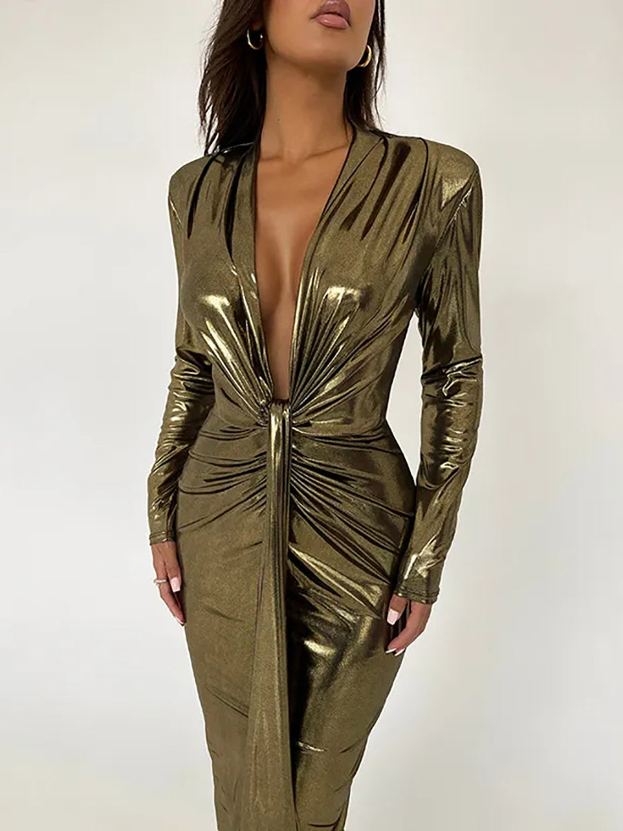 Deep V Neck PU Leather Shiny Bodycon Maxi Dress Rown