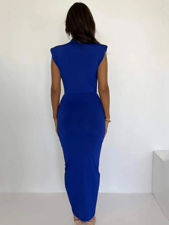 Deep V-neck Pleated Blue Side Split Maxi Dress Rown