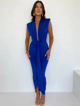 Deep V-neck Pleated Blue Side Split Maxi Dress - Rown