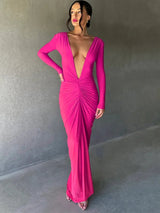 Deep V Neck Backless Bodycon Ruched Maxi Dress - Rown