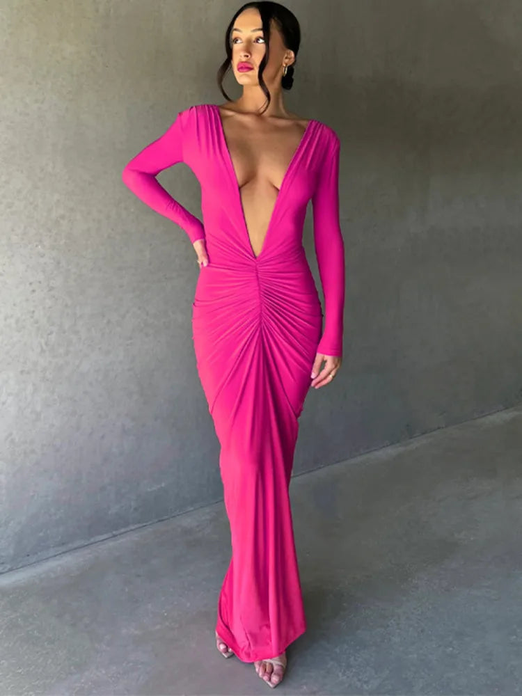 Deep V Neck Backless Bodycon Ruched Maxi Dress - Rown