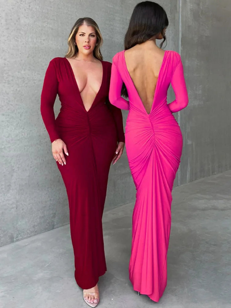 Deep V Neck Backless Bodycon Ruched Maxi Dress - Rown