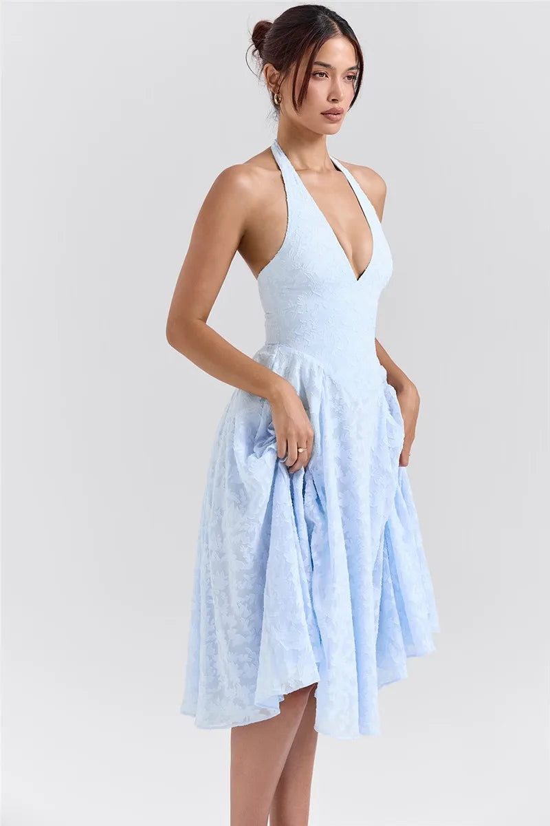 Deep V Neck Halter Sleeveless Backless A-line Loose Pleated Midi Dress - Rown