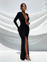 Deep V Neck Long Sleeve Ruched Split Maxi Dress - Rown