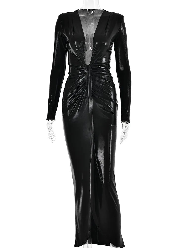 Deep V Neck PU Leather Shiny Bodycon Maxi Dress - Rown