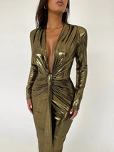 Deep V Neck PU Leather Shiny Bodycon Maxi Dress - Rown