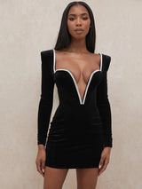 Deep V Neck Wired Diamante Bodycon Mini Dress - Rown