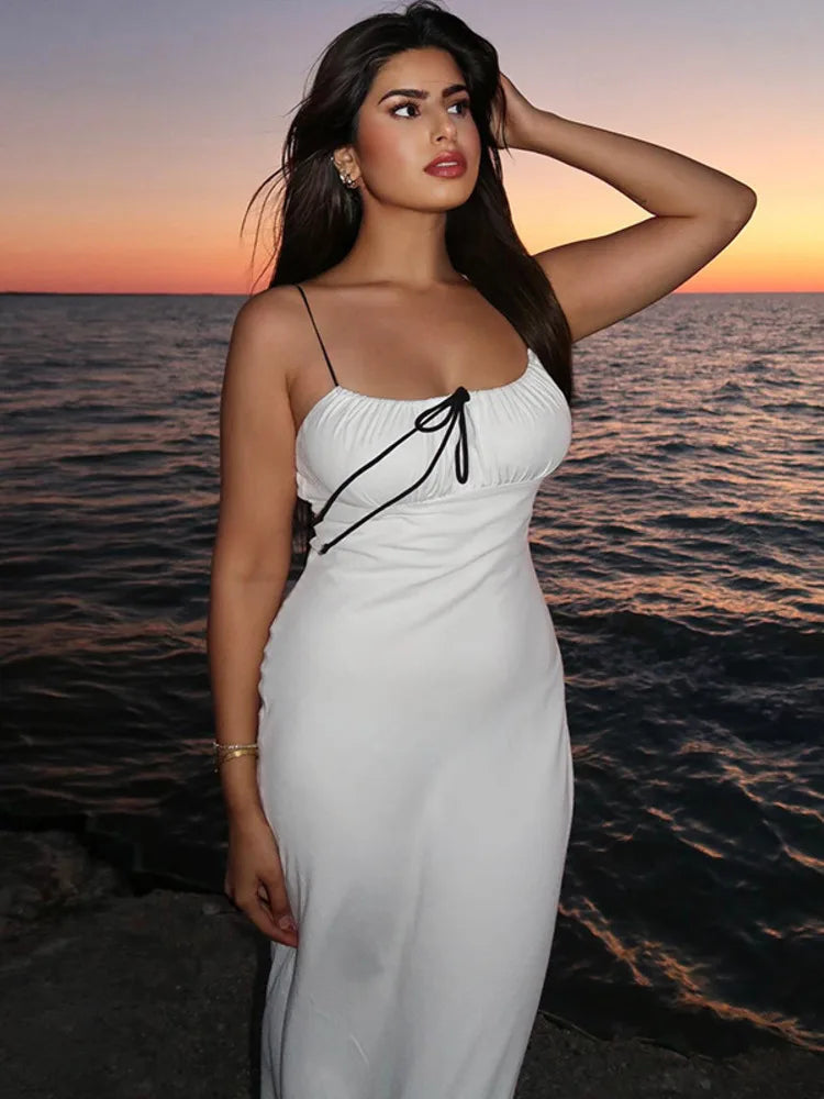 Drawstring Lac-up Slip Backless White Maxi Dress Rown