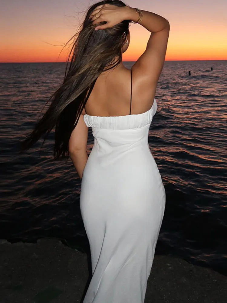 Drawstring Lac-up Slip Backless White Maxi Dress Rown