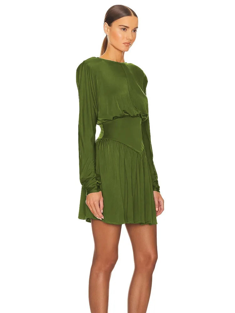 Elagant O-Neck Long Sleeve Ruched Slim A-line Mini Dress Rown