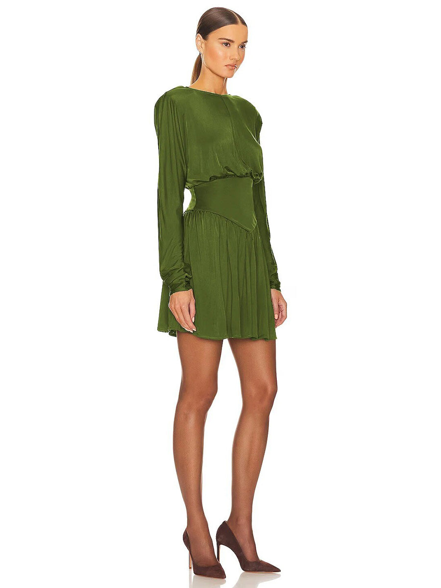 Elagant O-Neck Long Sleeve Ruched Slim A-line Mini Dress Rown