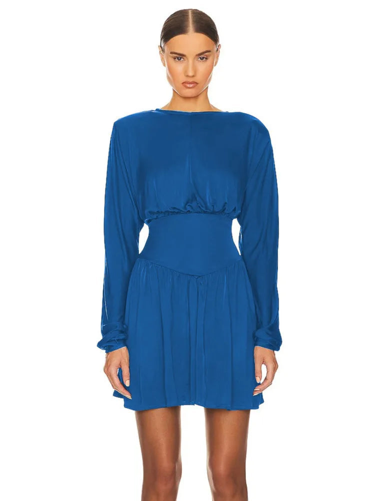 Elagant O-Neck Long Sleeve Ruched Slim A-line Mini Dress Rown