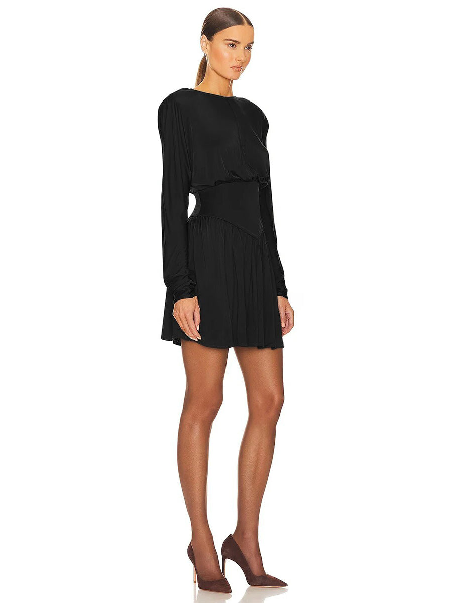 Elagant O-Neck Long Sleeve Ruched Slim A-line Mini Dress Rown