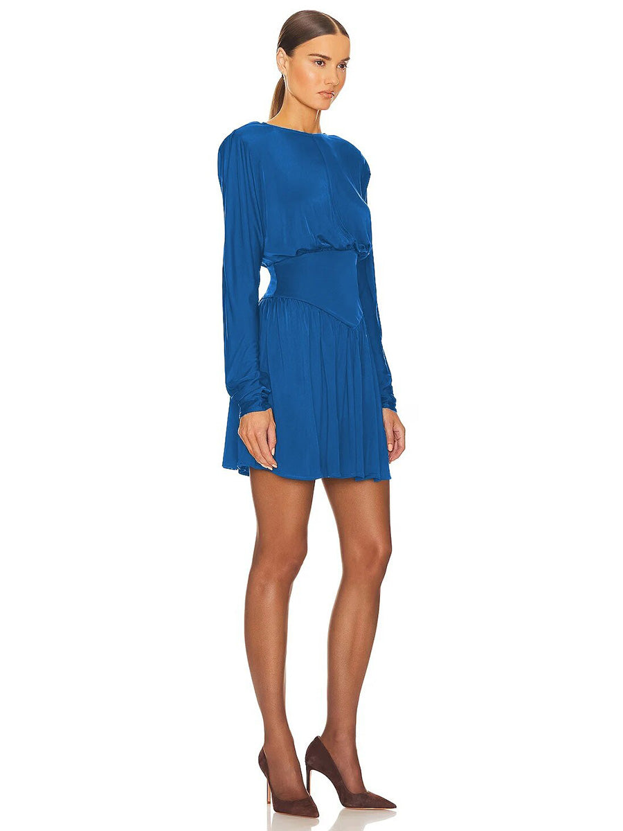 Elagant O-Neck Long Sleeve Ruched Slim A-line Mini Dress Rown