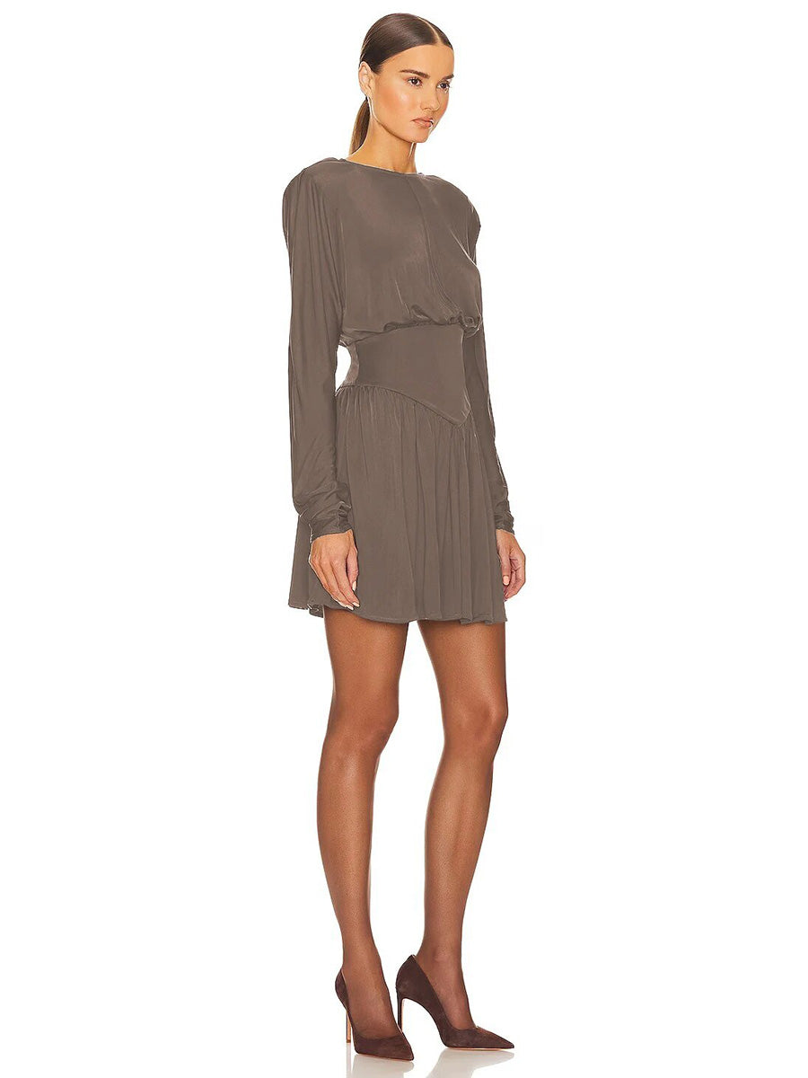 Elagant O-Neck Long Sleeve Ruched Slim A-line Mini Dress Rown