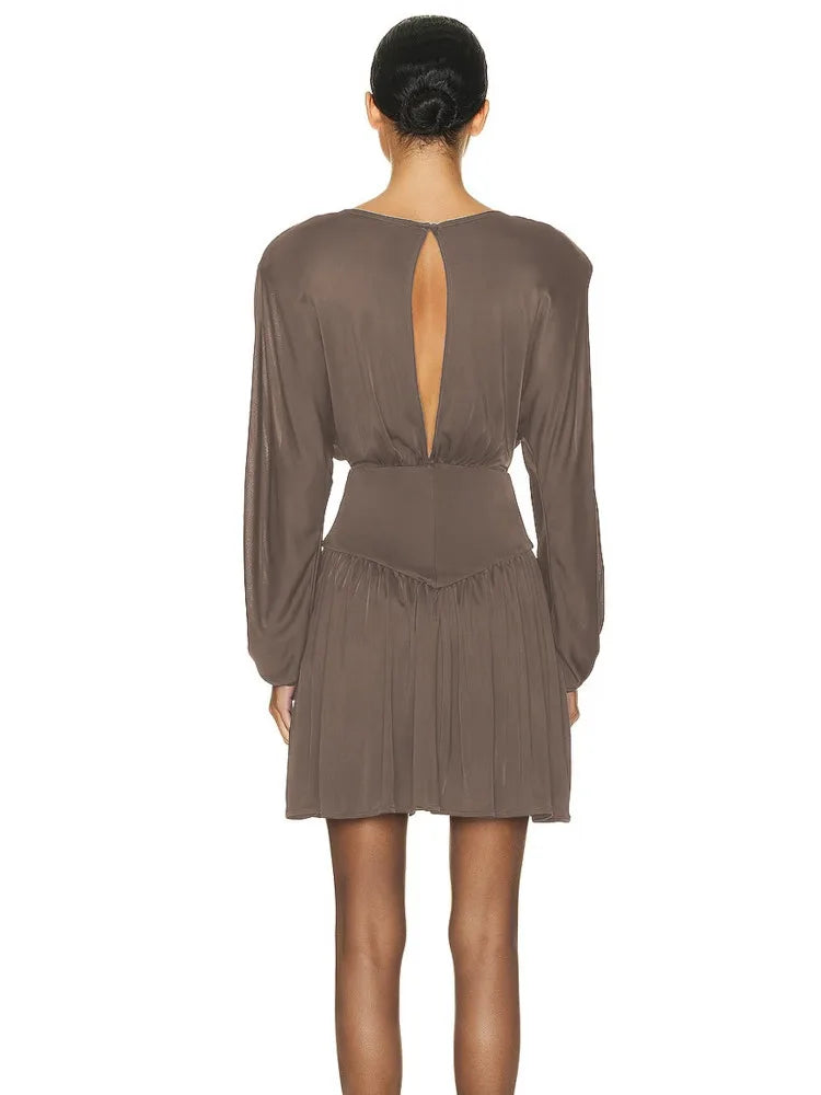 Elagant O-Neck Long Sleeve Ruched Slim A-line Mini Dress - Rown