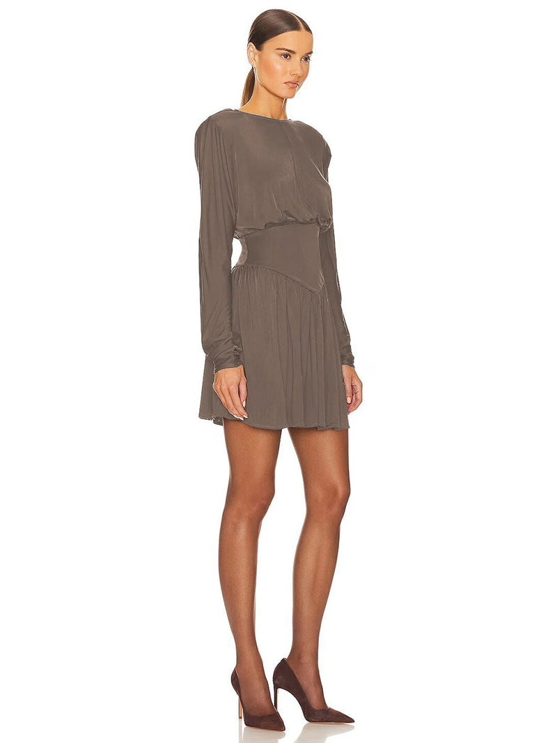 Elagant O-Neck Long Sleeve Ruched Slim A-line Mini Dress - Rown