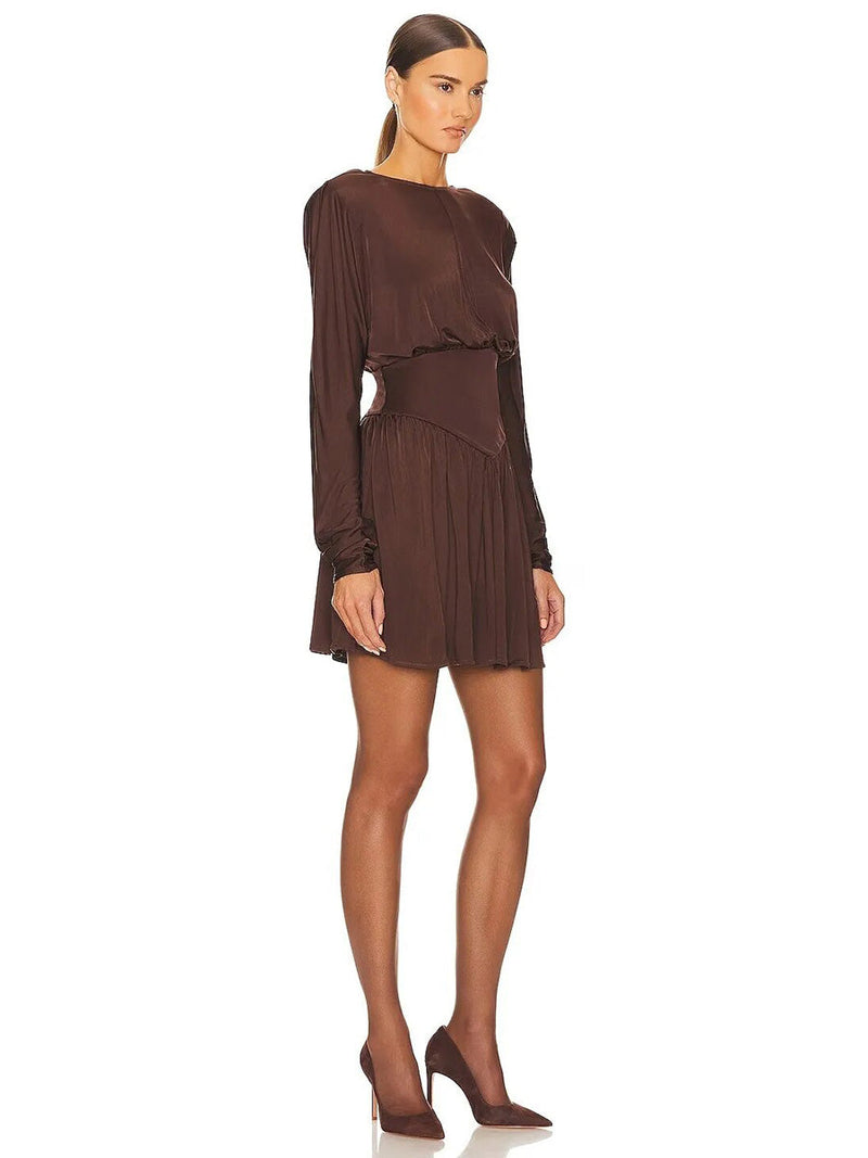 Elagant O-Neck Long Sleeve Ruched Slim A-line Mini Dress - Rown