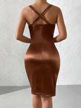 Elastic Satin Deep V Neck Ruched Backless Midi Dress - Rown