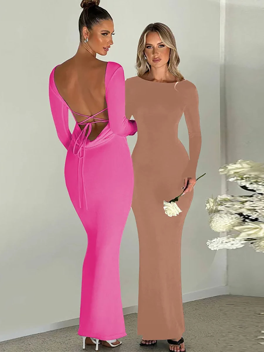 Elegant Backless Lace-up Long Sleeve Bodycon Maxi Dress Rown