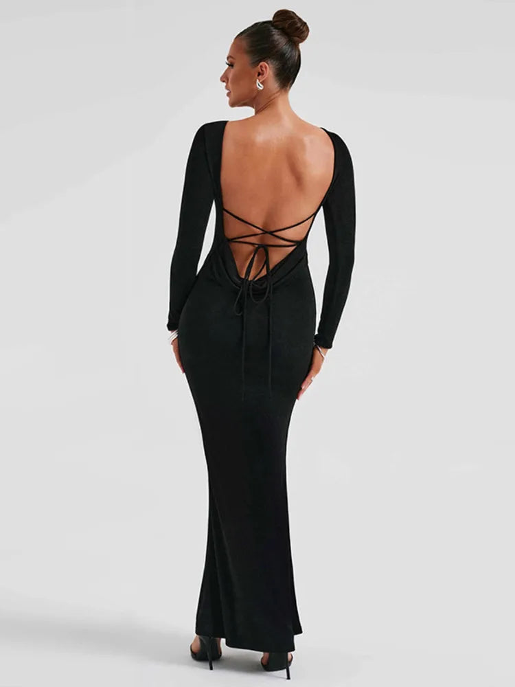 Elegant Backless Lace-up Long Sleeve Bodycon Maxi Dress Rown