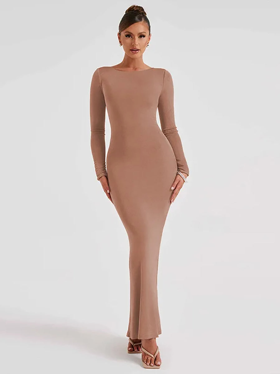 Elegant Backless Lace-up Long Sleeve Bodycon Maxi Dress Rown