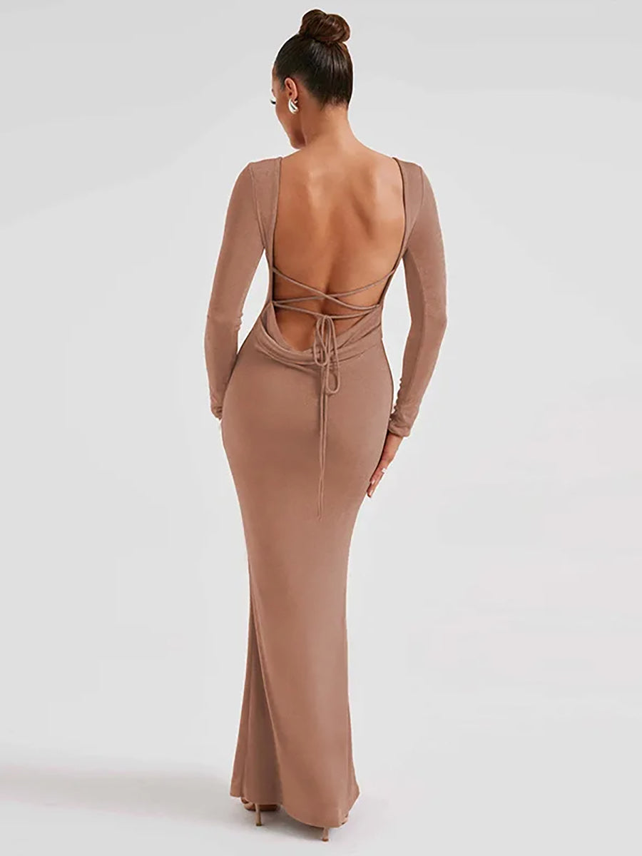 Elegant Backless Lace-up Long Sleeve Bodycon Maxi Dress Rown