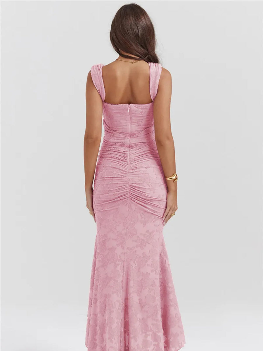 Elegant Backless Pleated Off-shoulder Maxi Dress Rown