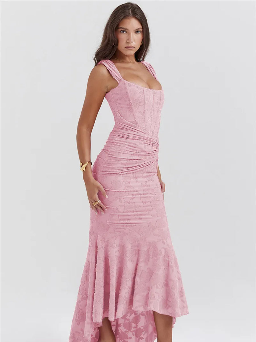 Elegant Backless Pleated Off-shoulder Maxi Dress Rown