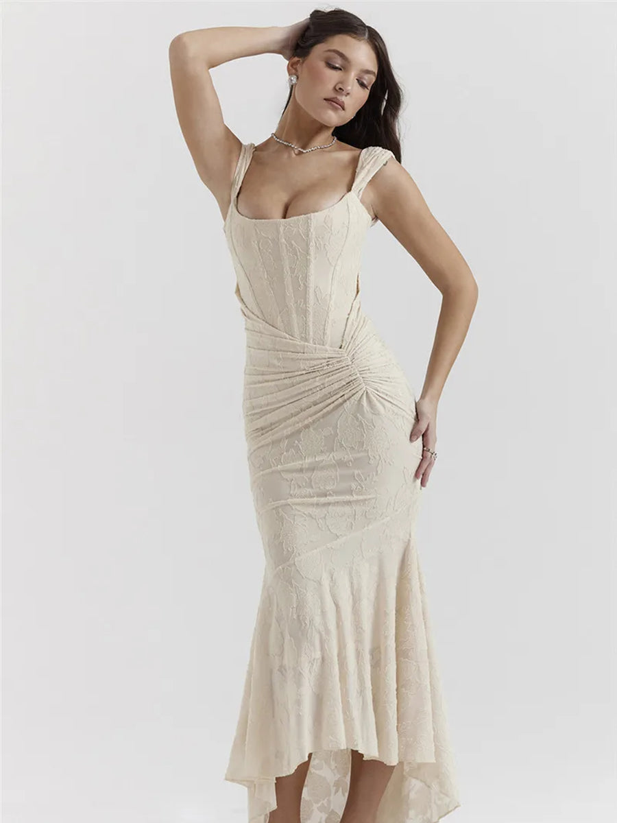 Elegant Backless Pleated Off-shoulder Maxi Dress Rown