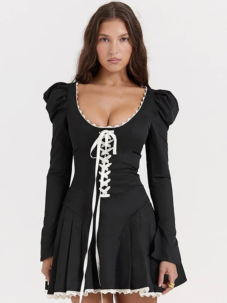 Elegant Bandage Slim A-line Black Mini Dress Rown