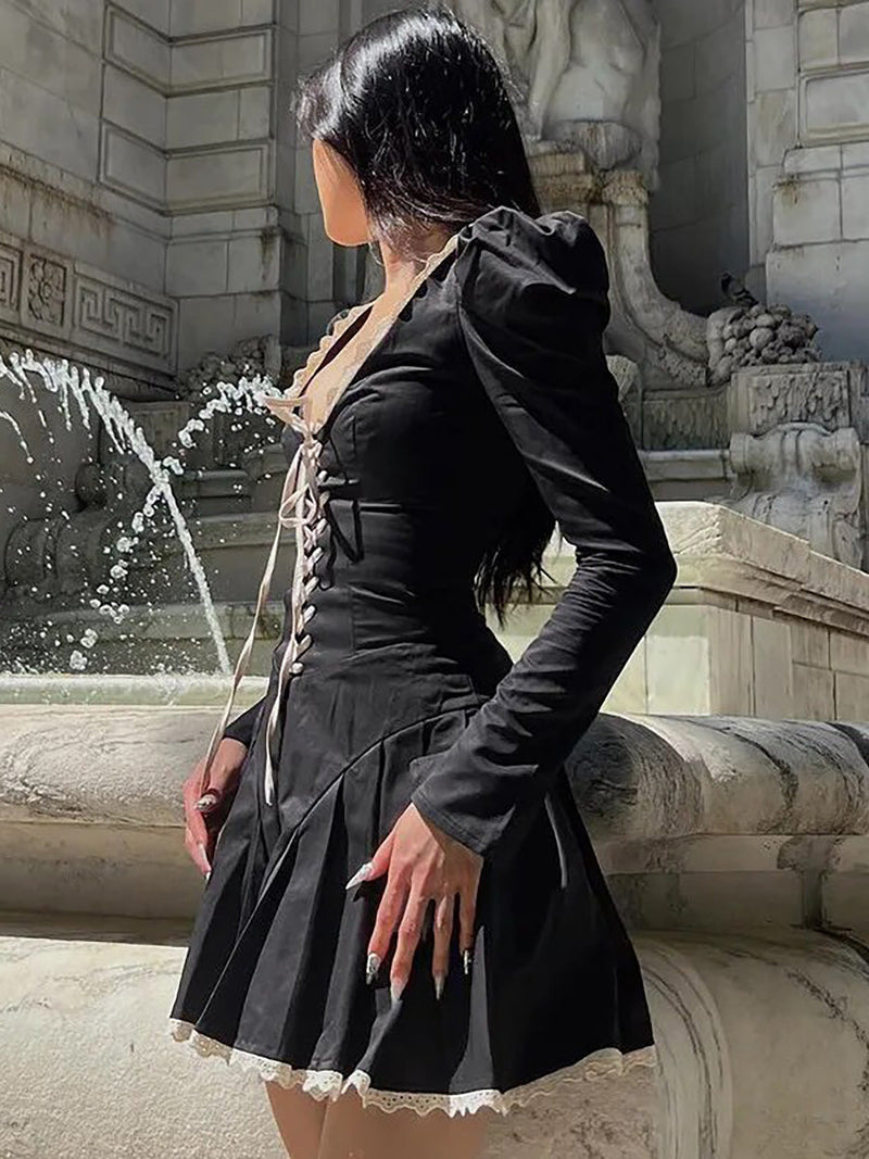 Elegant Bandage Slim A-line Black Mini Dress Rown