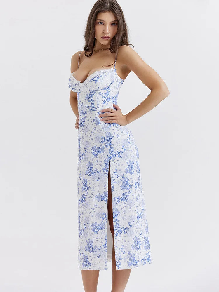 Elegant Blue Print Split Off-shoulder Midi Dress Rown