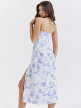 Elegant Blue Print Split Off-shoulder Midi Dress Rown