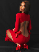 Elegant Bow Backless Red Bodycon Maxi Dress Rown