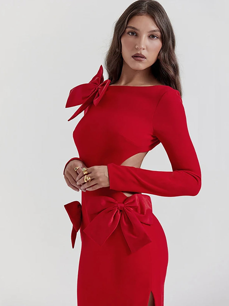 Elegant Bow Backless Red Bodycon Maxi Dress Rown