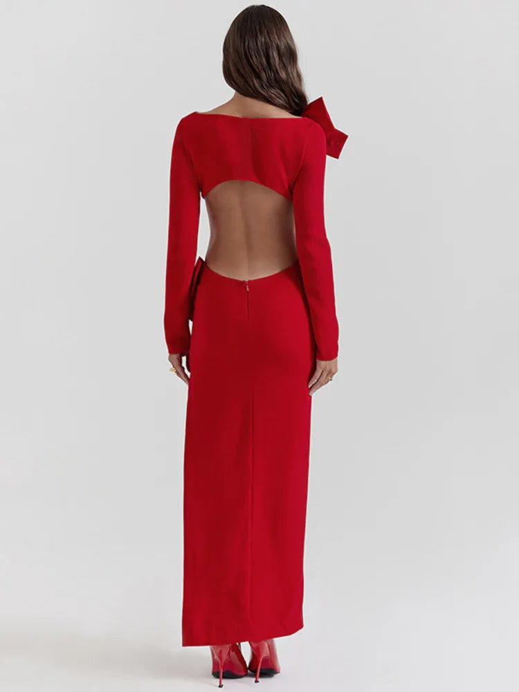 Elegant Bow Backless Red Bodycon Maxi Dress Rown