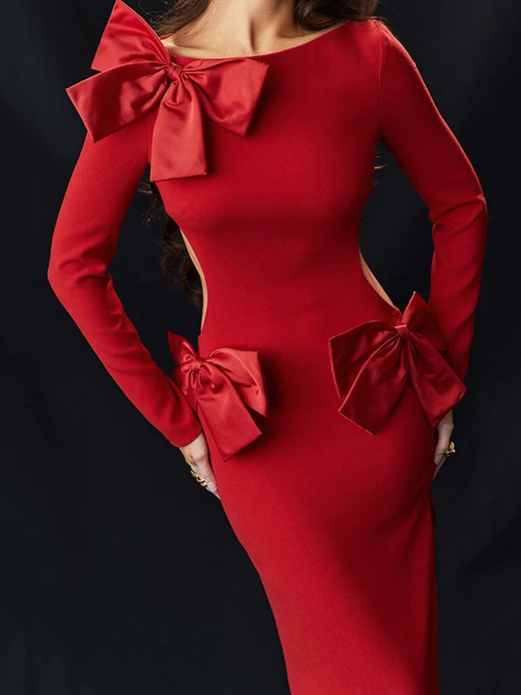 Elegant Bow Backless Red Bodycon Maxi Dress Rown