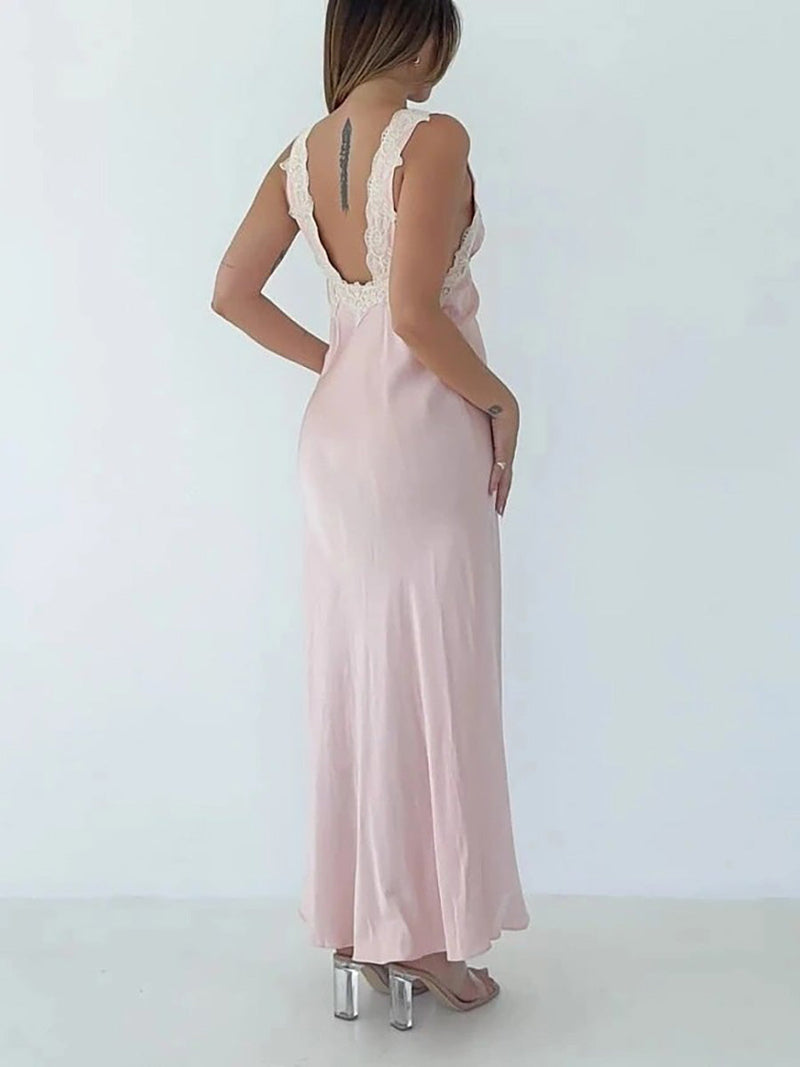 Elegant Deep-Neck Lace Satin Maxi Dress Rown