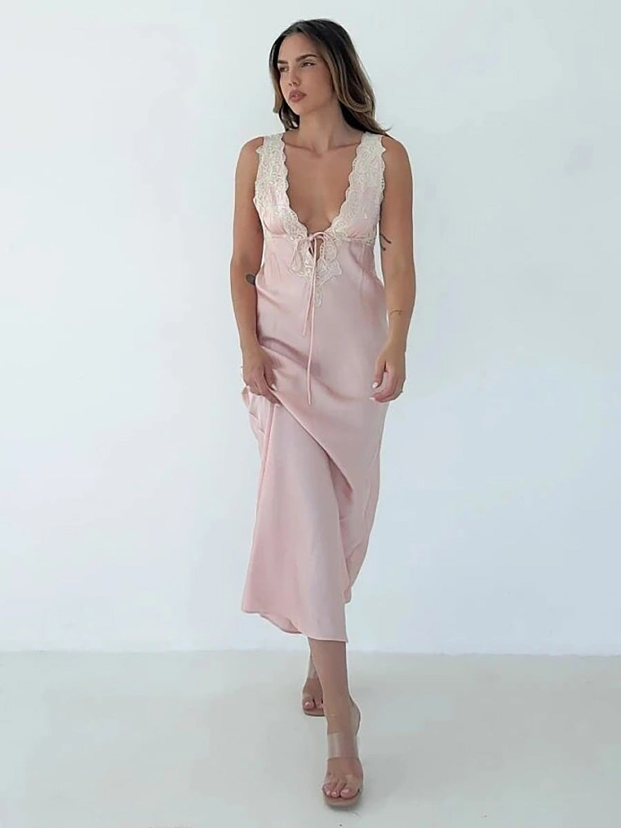 Elegant Deep-Neck Lace Satin Maxi Dress Rown