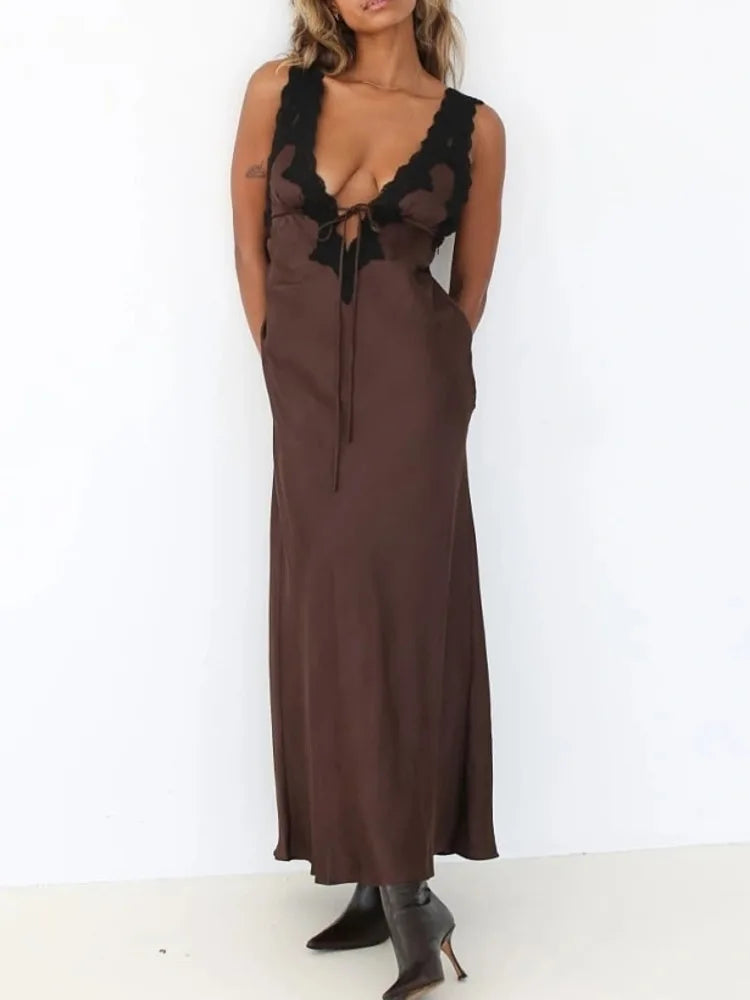 Elegant Deep-Neck Lace Satin Maxi Dress Rown