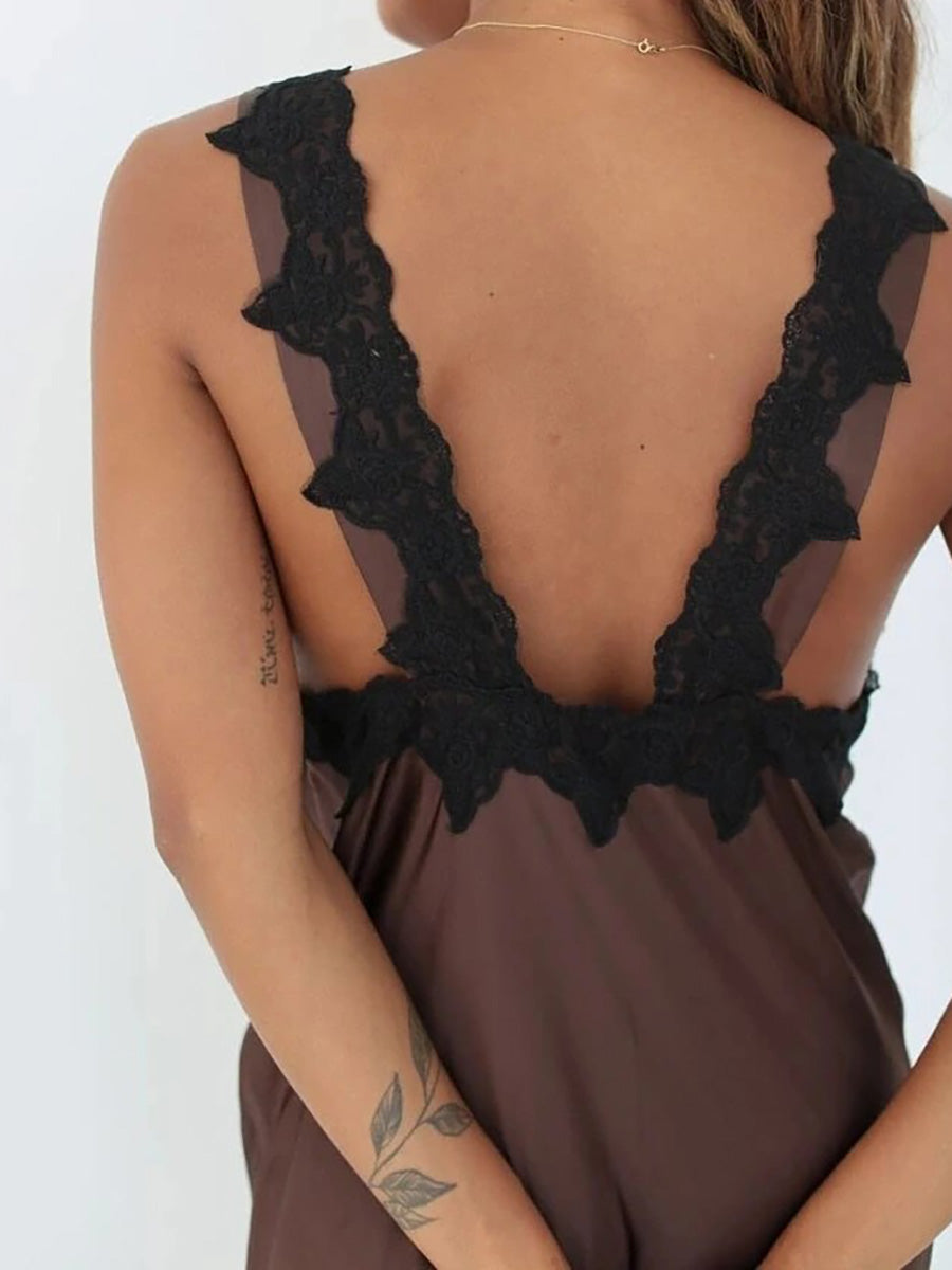 Elegant Deep-Neck Lace Satin Maxi Dress Rown