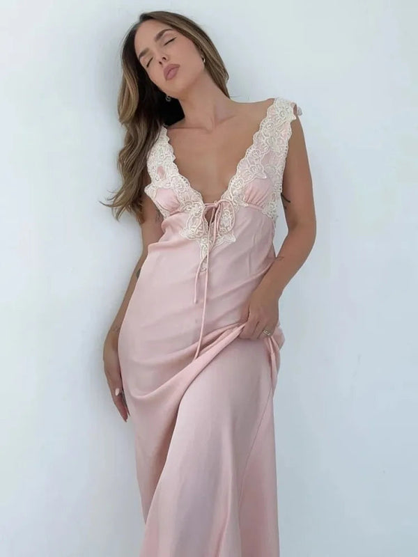 Elegant Deep-Neck Lace Satin Maxi Dress Rown